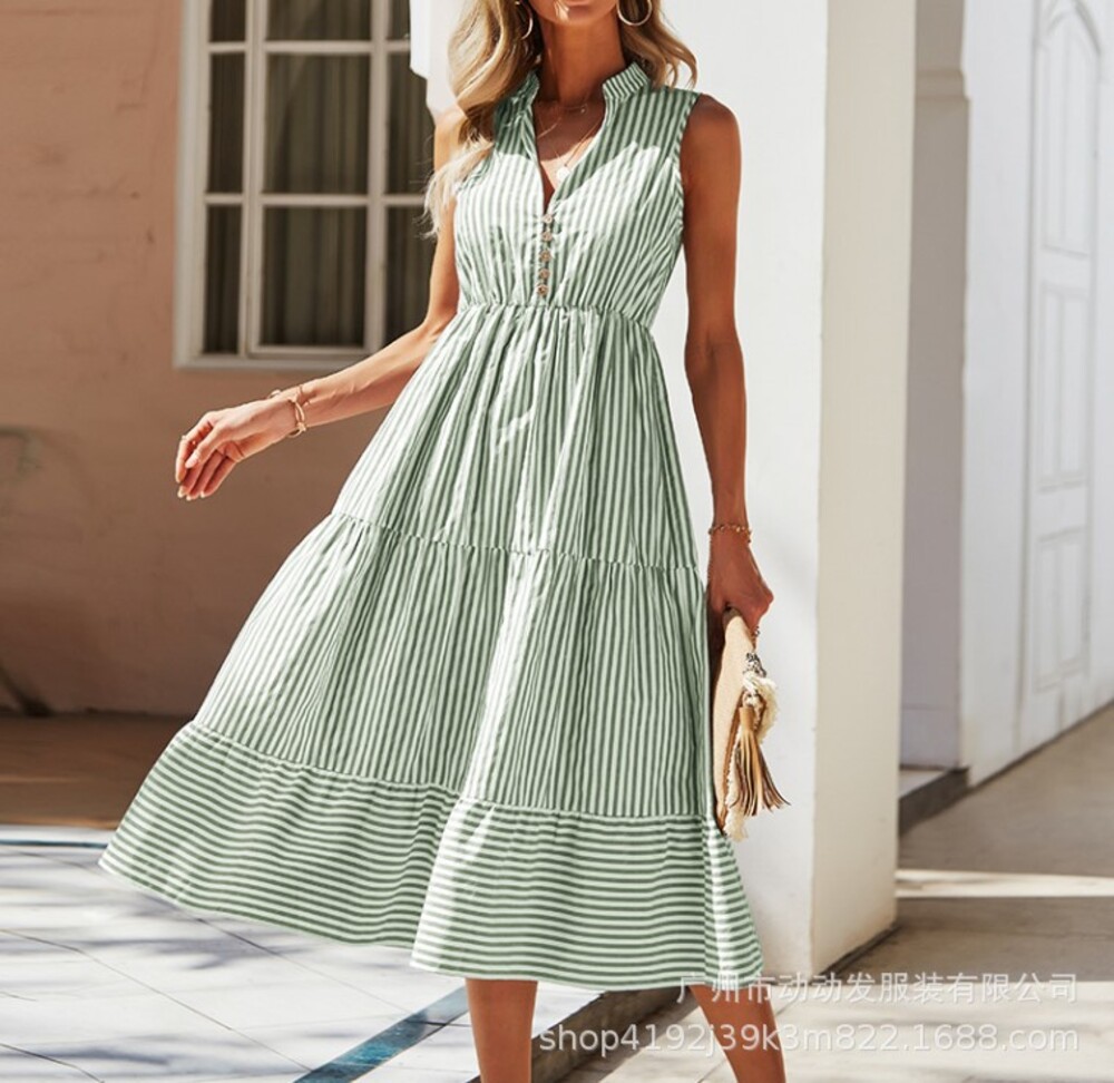 Women's Sage Green Striped Collared V-Neck Sleeveless Tiered Maxi Dress